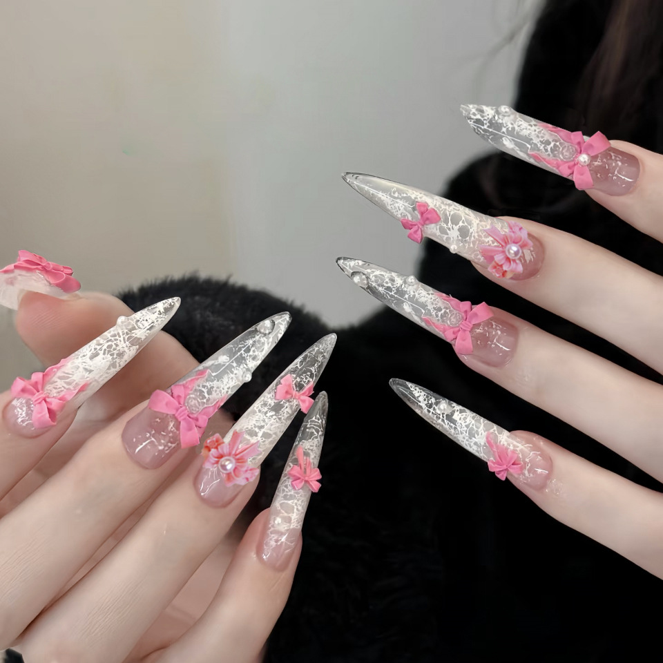 3D Printing Ptc - 24Pcs Pink White Press On Nails